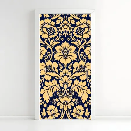 Pegatina para puerta damasco floral elegante en azul marino y dorado – Pixers®