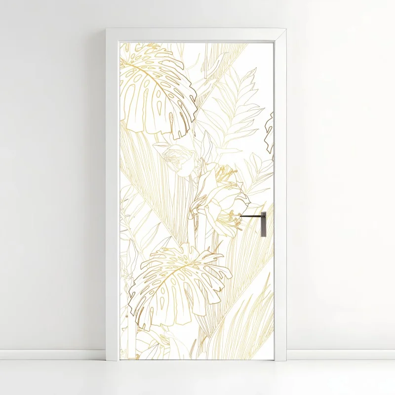 Pegatina para puerta patrón botánico dorado sobre fondo blanco