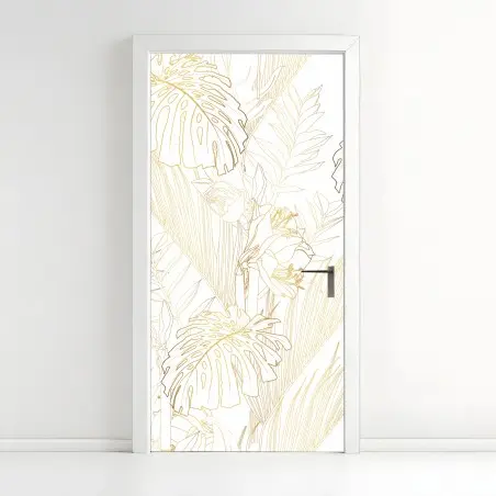 Pegatina para puerta patrón botánico dorado sobre fondo blanco – Pixers®