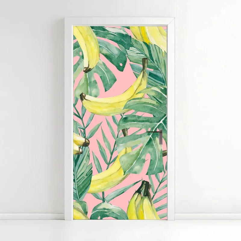 Pegatina para puerta hojas tropicales y bananas en acuarela sobre fondo rosa