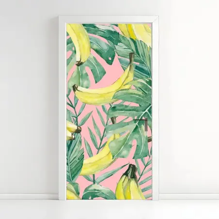 Pegatina para puerta hojas tropicales y bananas en acuarela sobre fondo rosa – Pixers®