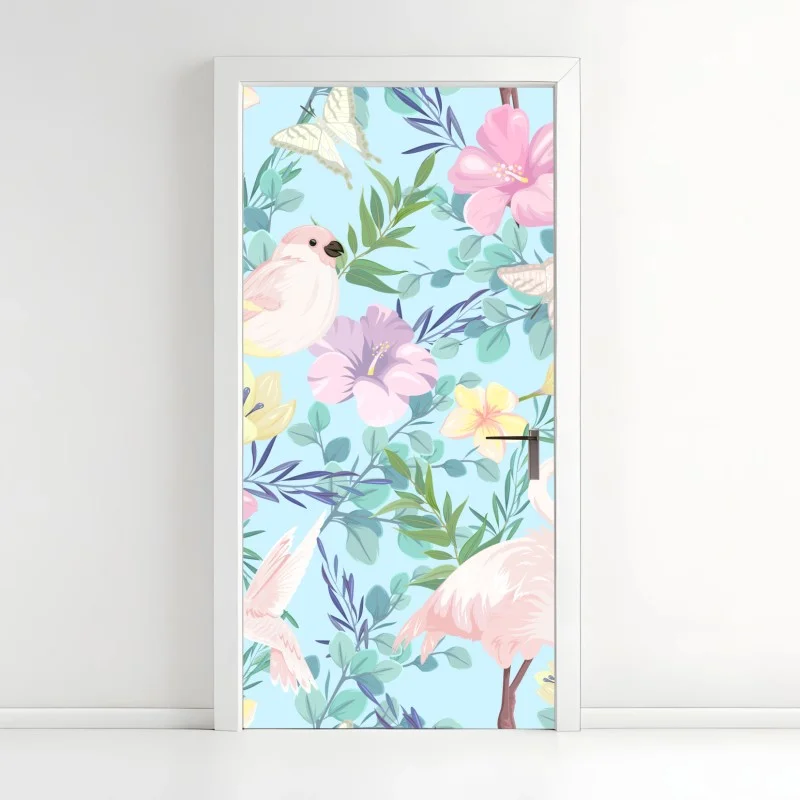 Pegatina para puerta jardín tropical en tonos pastel con aves