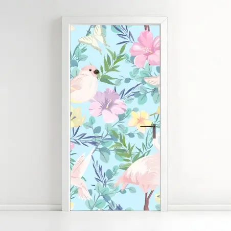 Pegatina para puerta jardín tropical en tonos pastel con aves – Pixers®