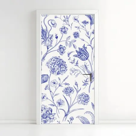 Pegatina para puerta estampado floral clásico en azul y marfil – Pixers®