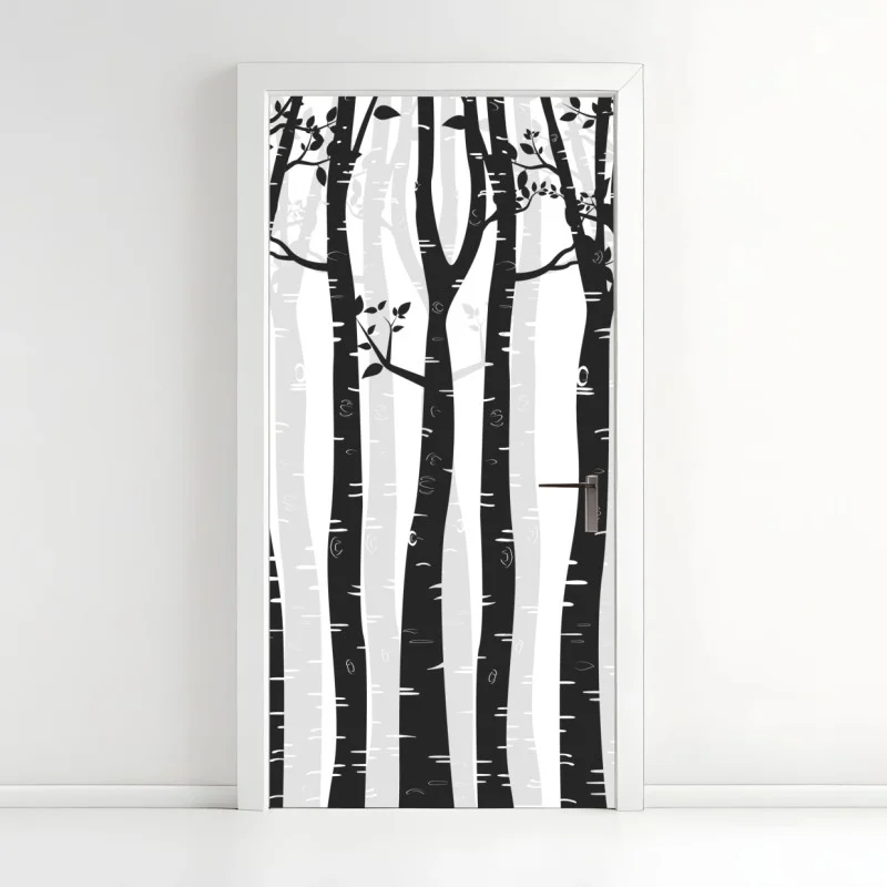 Pegatina para puerta bosque de abedules en blanco y negro