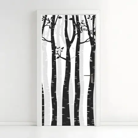Pegatina para puerta bosque de abedules en blanco y negro – Pixers®