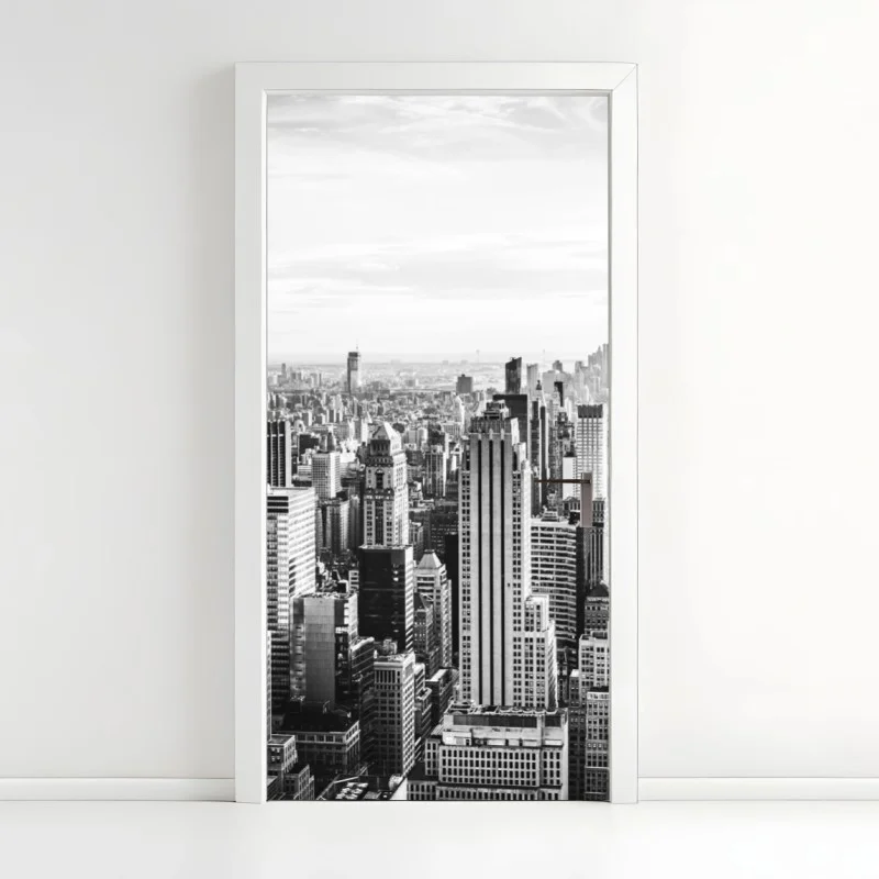 Pegatina para puerta horizonte clásico de Nueva York en blanco y negro
