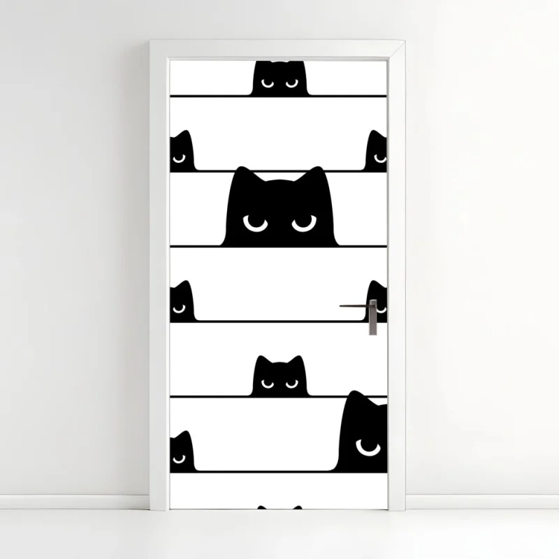 Pegatina para puerta patrón de gatos asomados en blanco y negro