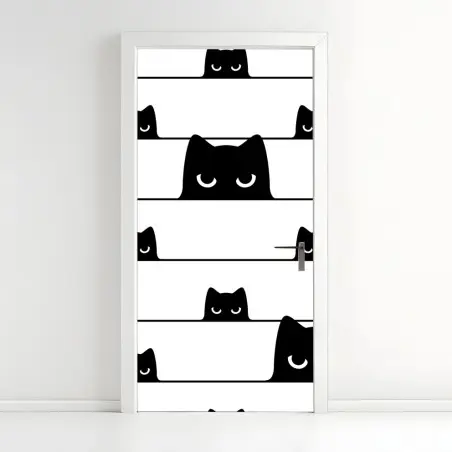 Pegatina para puerta patrón de gatos asomados en blanco y negro – Pixers®