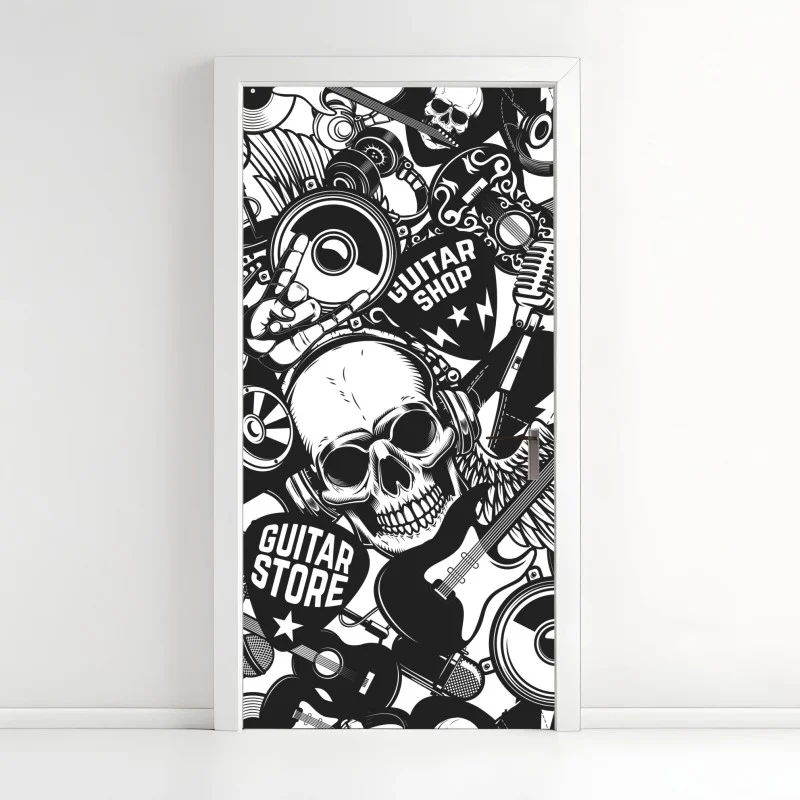 Pegatina para puerta calavera rock y guitarras en diseño monocromo