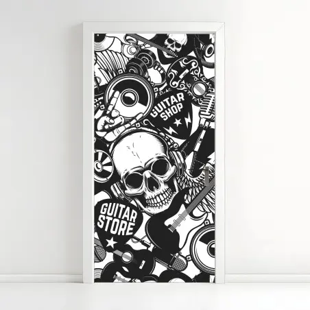 Pegatina para puerta calavera rock y guitarras en diseño monocromo – Pixers®