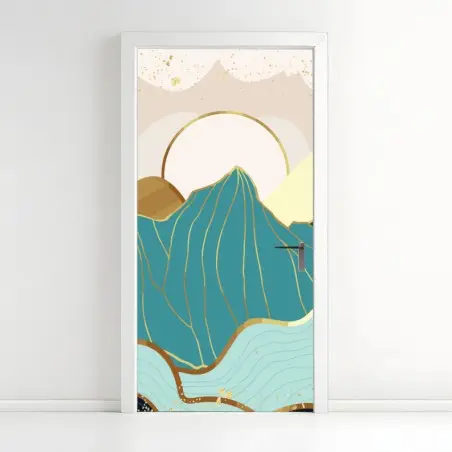 Pegatina para puerta paisaje montañoso en tonos verde azulado y dorado – Pixers®