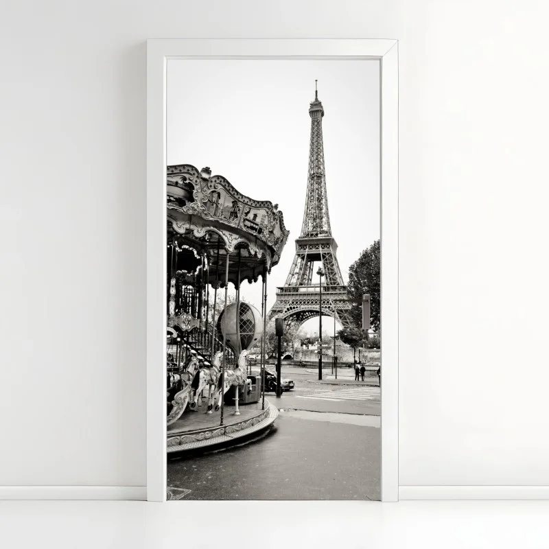 Pegatina para puerta encanto nostálgico: carrusel frente a la Torre Eiffel