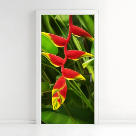 Pegatina para puerta heliconia roja y amarilla sobre follaje tropical – Pixers®