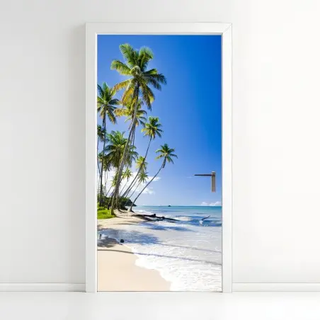 Pegatina para puerta refugio de palmeras junto al mar – Pixers®