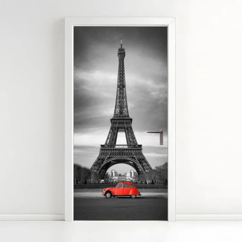 Pegatina para puerta París en contraste: coche rojo frente a la Torre Eiffel