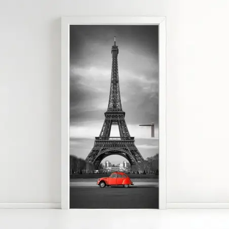 Pegatina para puerta París en contraste: coche rojo frente a la Torre Eiffel – Pixers®