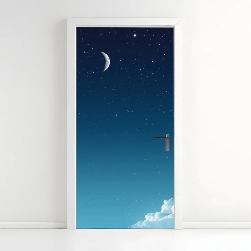 Pegatina para puerta cielo nocturno sereno con luna creciente y nubes