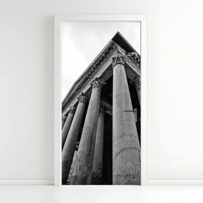 Pegatina para puerta fachada monumental del Panteón de Roma en blanco y negro