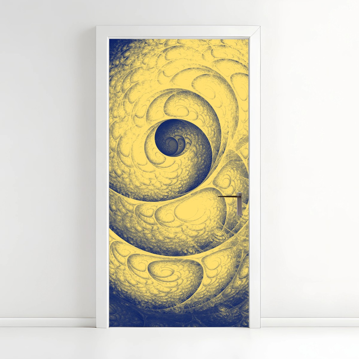 Pegatina para puerta espiral fractal hipnótica en tonos amarillo y azul – Pixers®