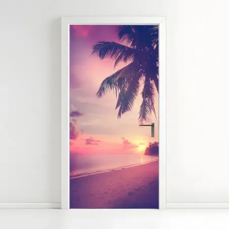 Pegatina para puerta atardecer tropical en tonos retro – Pixers®