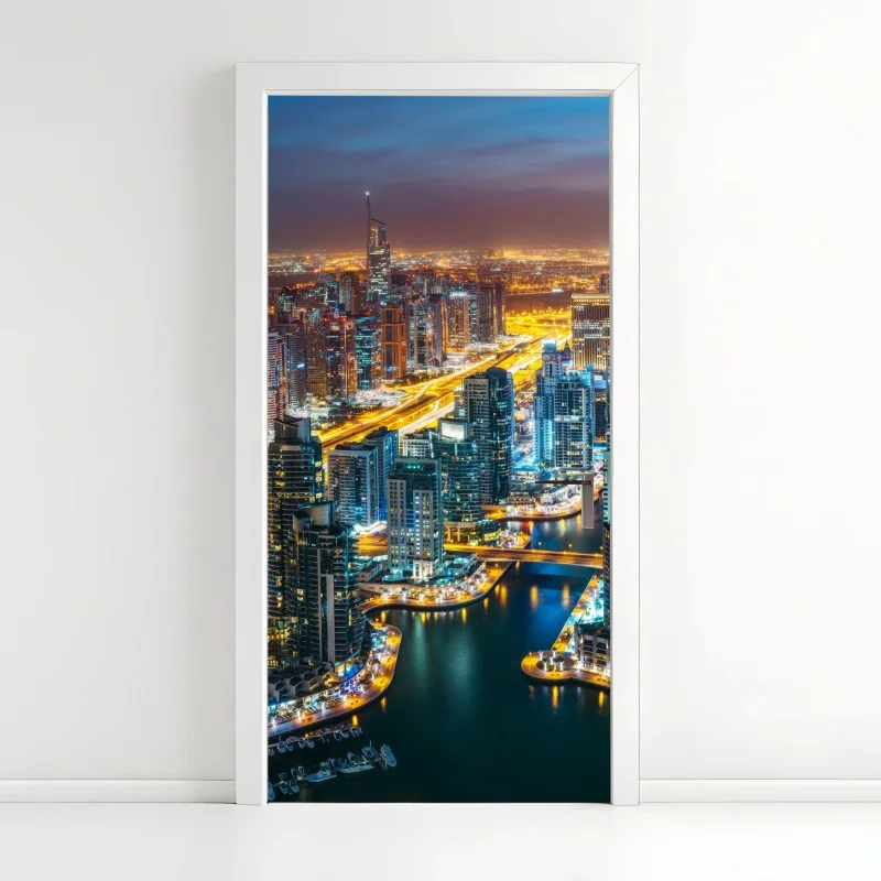Pegatina para puerta panorámica nocturna de Dubai Marina
