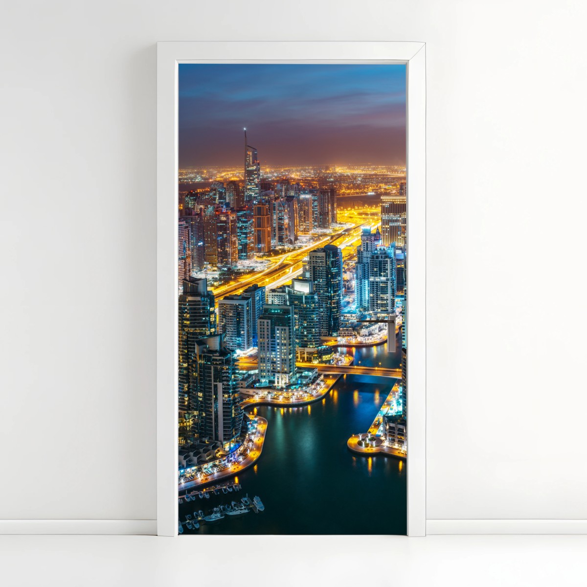 Pegatina para puerta panorámica nocturna de Dubai Marina – Pixers®