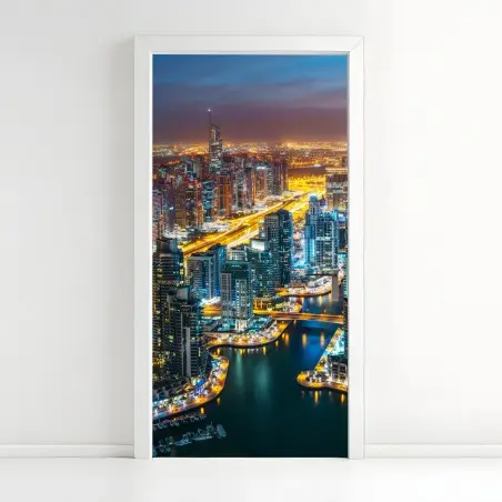 Pegatina para puerta panorámica nocturna de Dubai Marina – Pixers®