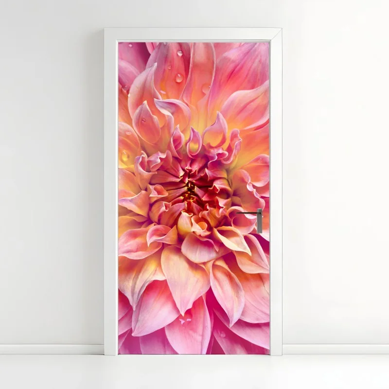 Pegatina para puerta dalia rosa y melocotón en primer plano