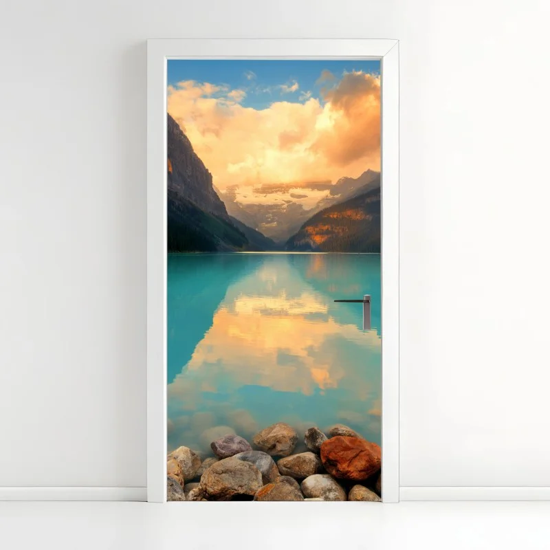 Pegatina para puerta amanecer en Lago Louise: paisaje sereno