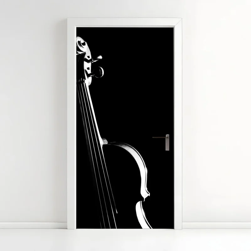 Pegatina para puerta silueta de violín en blanco y negro
