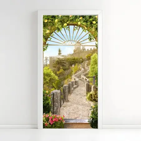 Pegatina para puerta camino al castillo entre rosas – Pixers®