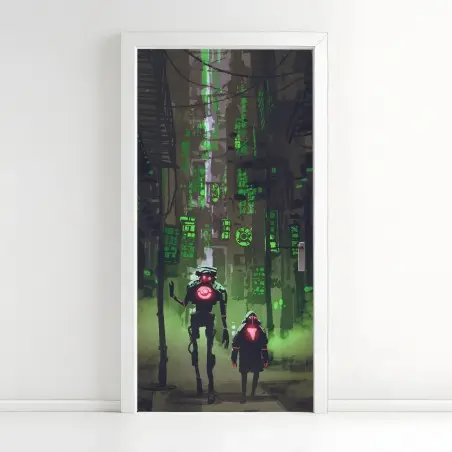 Pegatina para puerta caminantes mecánicos en un callejón de neón – Pixers®