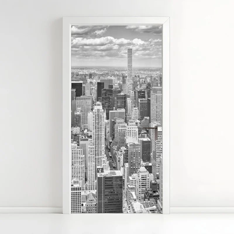 Pegatina para puerta panorama en blanco y negro de Nueva York