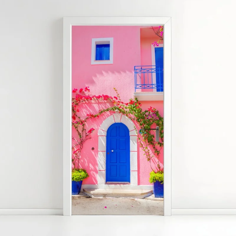 Pegatina para puerta fachada mediterránea en rosa y azul