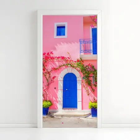 Pegatina para puerta fachada mediterránea en rosa y azul – Pixers®