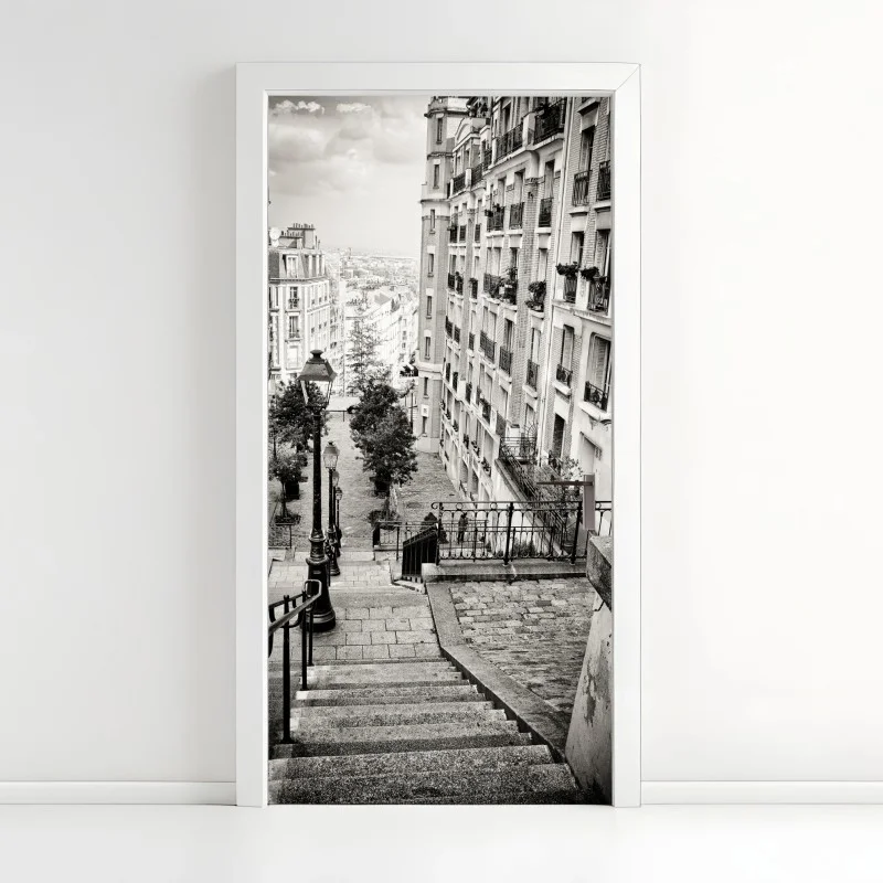 Pegatina para puerta escaleras empedradas en blanco y negro