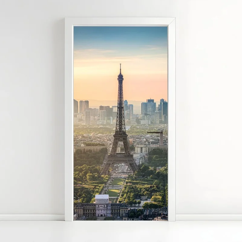 Pegatina para puerta panorámica de la Torre Eiffel al atardecer