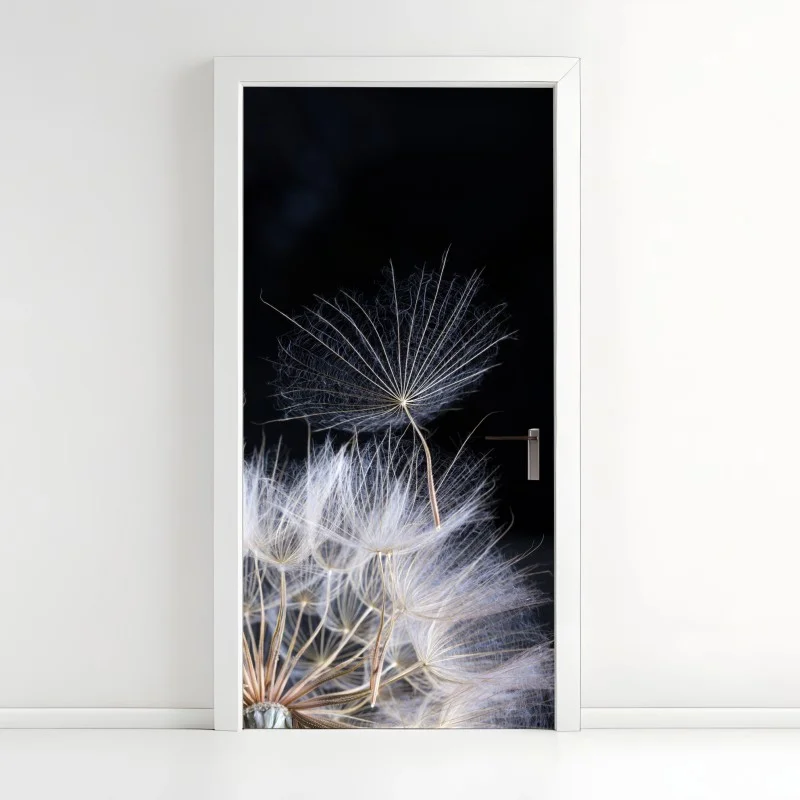 Pegatina para puerta semilla de diente de león sobre fondo negro