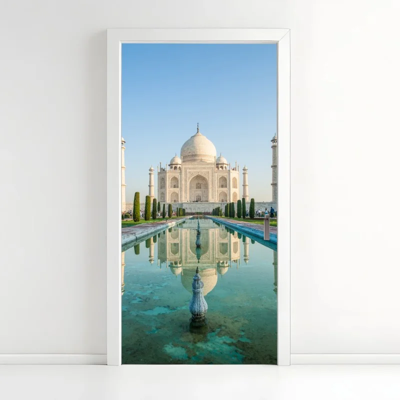 Pegatina para puerta reflejo sereno del Taj Mahal al amanecer