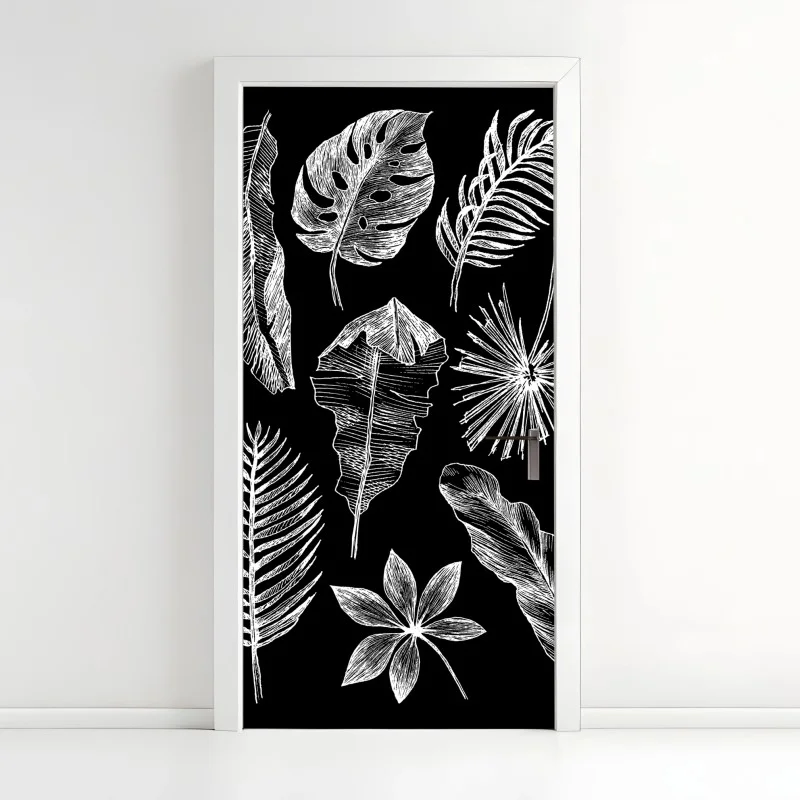 Pegatina para puerta ilustración de hojas tropicales en blanco y negro