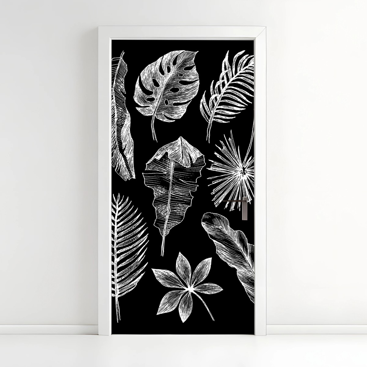Pegatina para puerta ilustración de hojas tropicales en blanco y negro – Pixers®