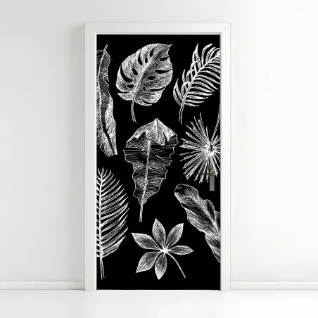 Pegatina para puerta ilustración de hojas tropicales en blanco y negro – Pixers®