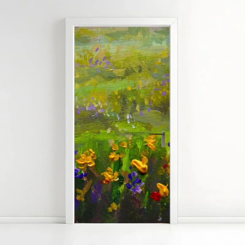 Pegatina para puerta prado de flores al óleo: paisaje impresionista vibrante