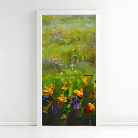 Pegatina para puerta prado de flores al óleo: paisaje impresionista vibrante – Pixers®