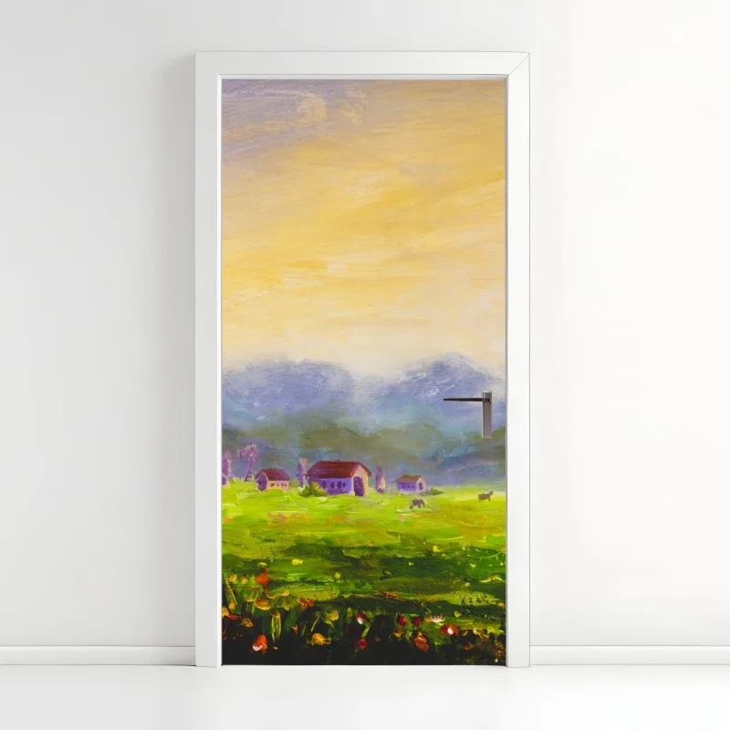 Pegatina para puerta amanecer en la granja entre colinas