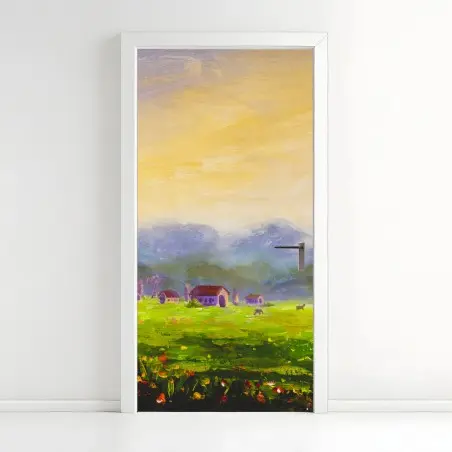 Pegatina para puerta amanecer en la granja entre colinas – Pixers®