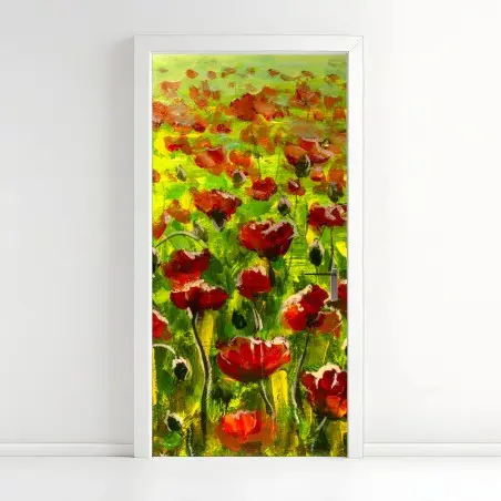 Pegatina para puerta campo de amapolas al atardecer – Pixers®