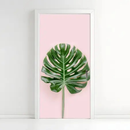 Pegatina para puerta hoja de monstera sobre fondo rosa – Pixers®