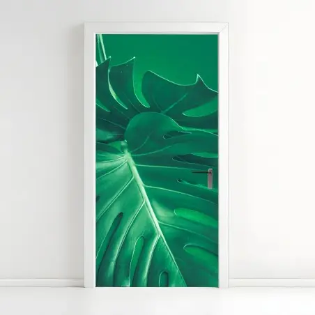 Pegatina para puerta hoja de monstera en primer plano sobre fondo verde – Pixers®